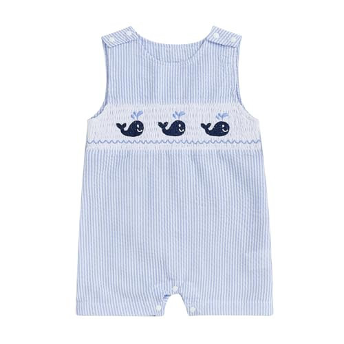 Arvbitana Newborn Baby Boys Sleeveless Seersucker Romper One Piece Straps Overalls Striped Jumpsuit Summer Smocked Clothes (A-Blue, 0-3 Months) | Amazon (US)