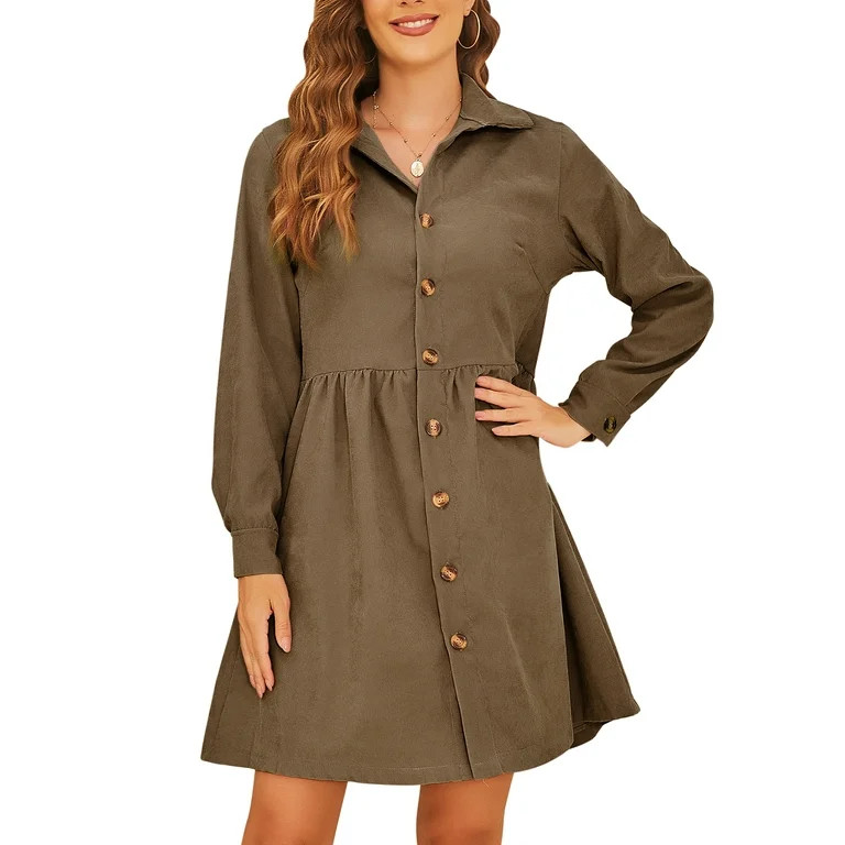 Frontwalk Womens Corduroy Shirt Dress Buttons Down Lapel Long Sleeve Solid Color Waisted Loose Fa... | Walmart (US)
