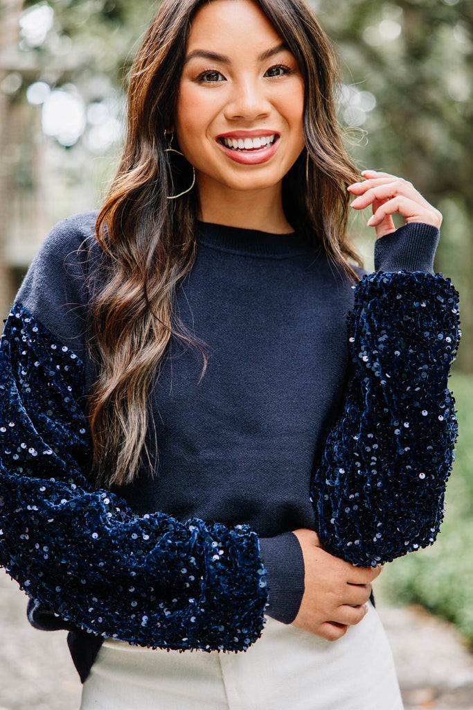Don't Think Twice Navy Blue Sequin Sweater | The Mint Julep Boutique