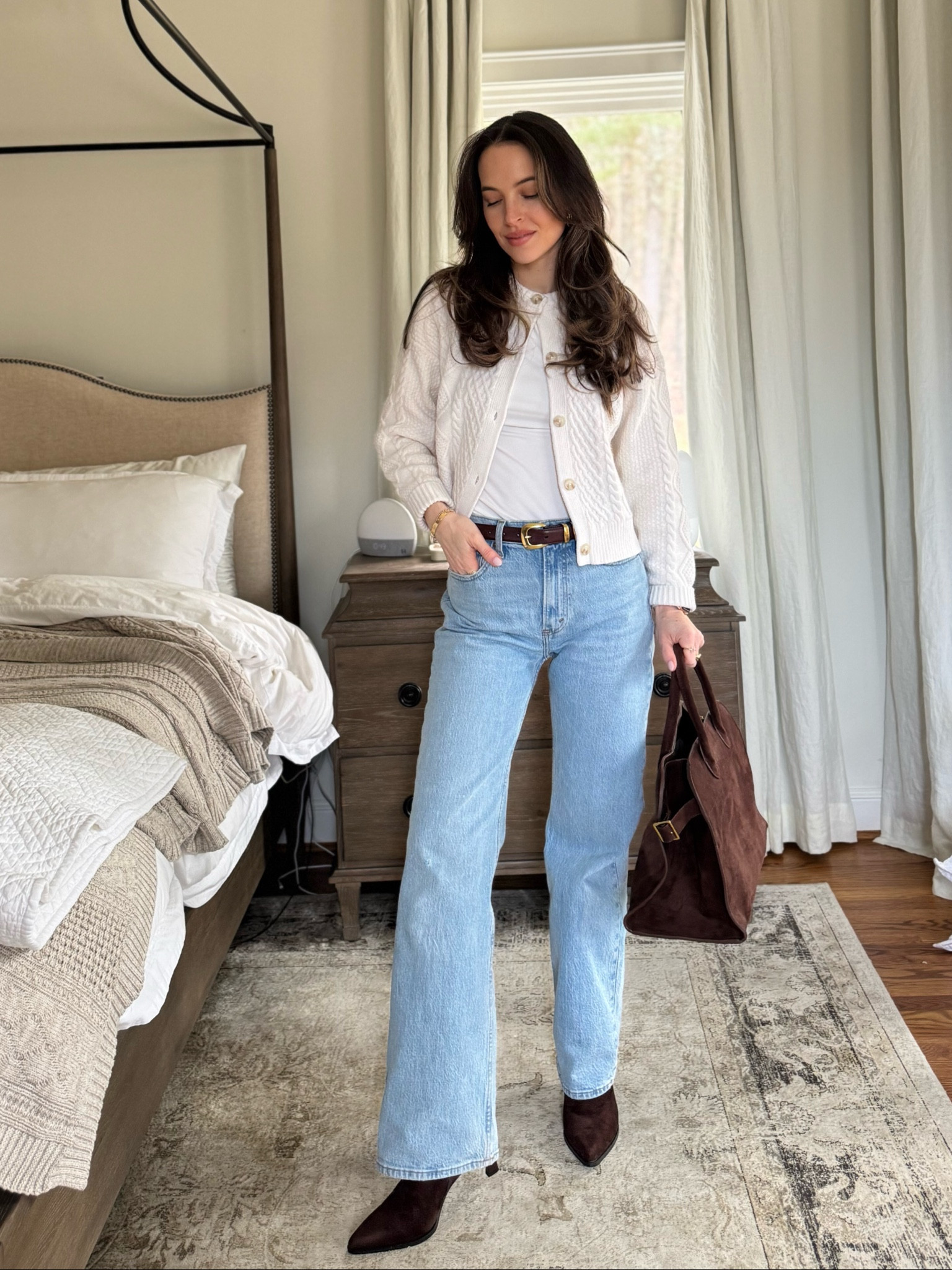 Easy winter white outfit with brown suede accessories. Sweater runs true to size (wearing XS), long sleeve t shirt runs true (wearing S), jeans run true (wearing 25R)  

#LTKFindsUnder100 #LTKSaleAlert #LTKSeasonal