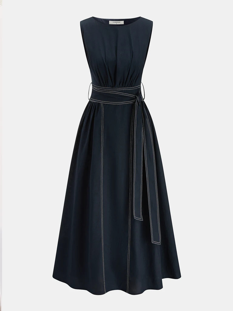 Cotton Linen Sleeveless Belted Midi Dress | Commense