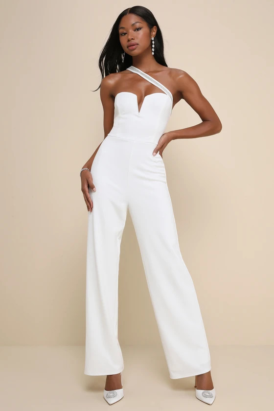 Sparkling Praise White Notched Rhinestone One-Shoulder Jumpsuit | Lulus