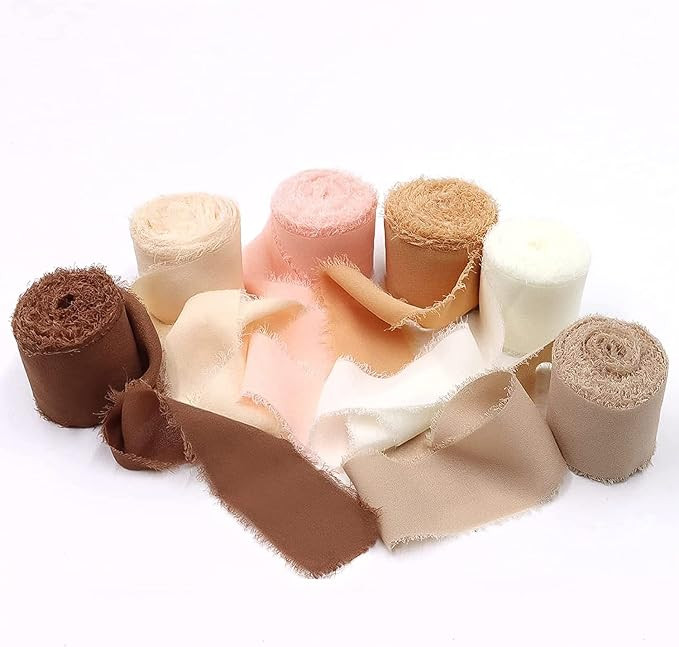 6 Rolls Handmade Fringe Chiffon Ribbon, 1.5 Inch x 6 Yard Silk Ribbon for Wedding Decorations, Ch... | Amazon (US)