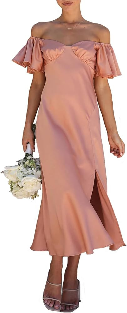 2026 Summer Women's Satin Off Shoulder Formal Dress Wedding Guest Elegant Butterfly Sleeve Split ... | Amazon (US)