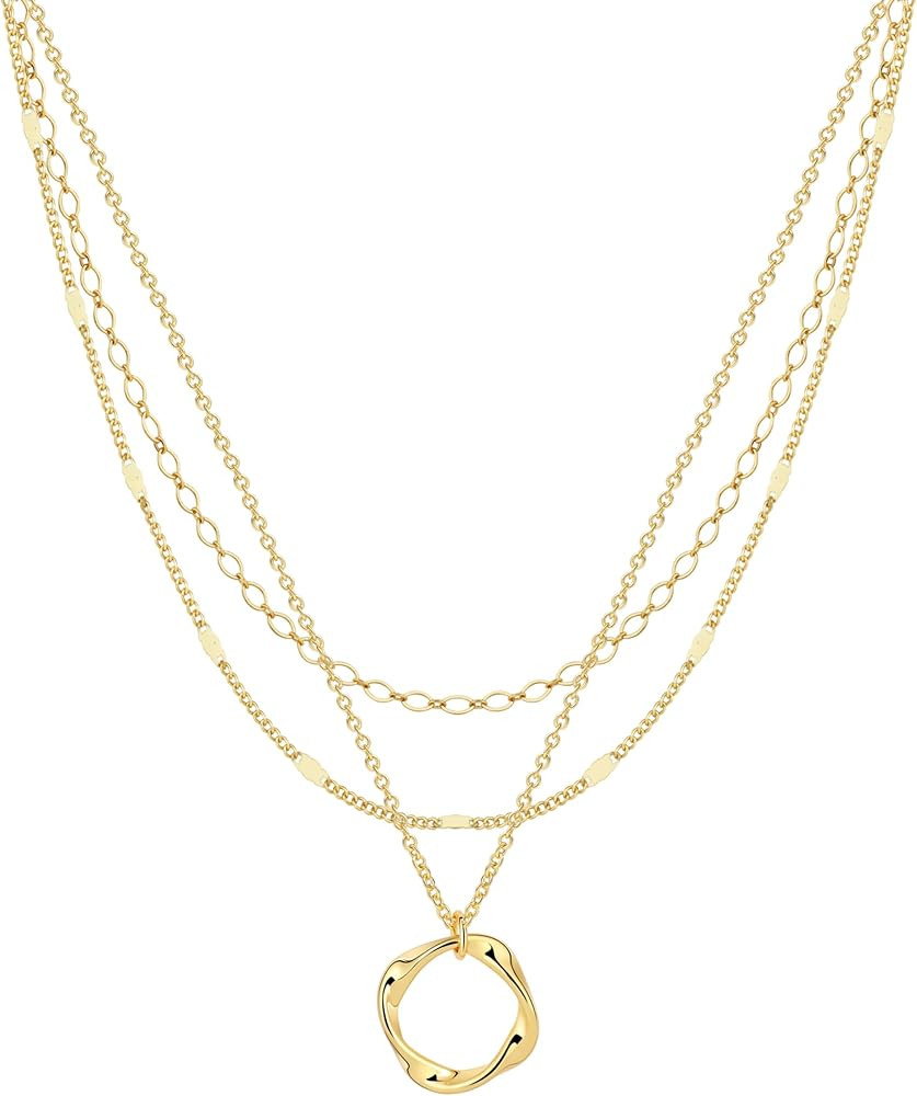 Gold Necklace for Women Layered Stackable Stack 14K Gold/Silver Plated Adjustable O Chain Texture... | Amazon (US)