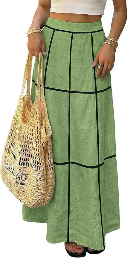 EXLURA Women's Faux Linen Boho Maxi Skirt Grid High Waist Long Flowy Skirts Summer Beach Vacation... | Amazon (US)