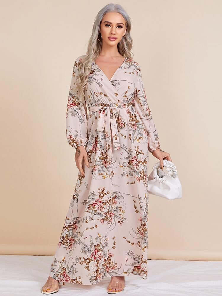 SHEIN Surplice Neck Self Belted Botanical Print Dress | SHEIN