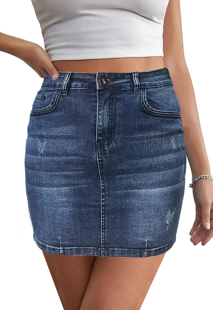 Women’s Bodycon Denim Mini Skirt High Waist Casual Washed Frayed Stretchy Jean Skirts with Pock... | Amazon (US)