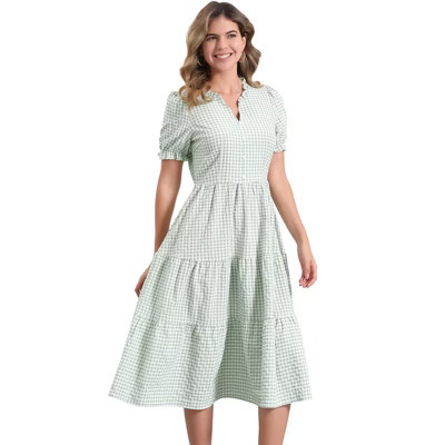 INSPIRE CHIC Women's Summer Ruffle Trim V Neck Button Decor Gingham Dress X-Large Green | Target