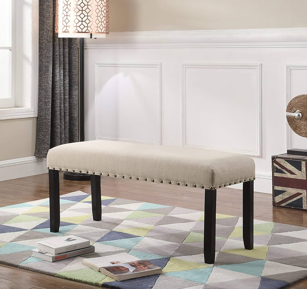 Roundhill Furniture Biony Fabric Dining Bench with Nailhead Trim, Tan | Amazon (US)