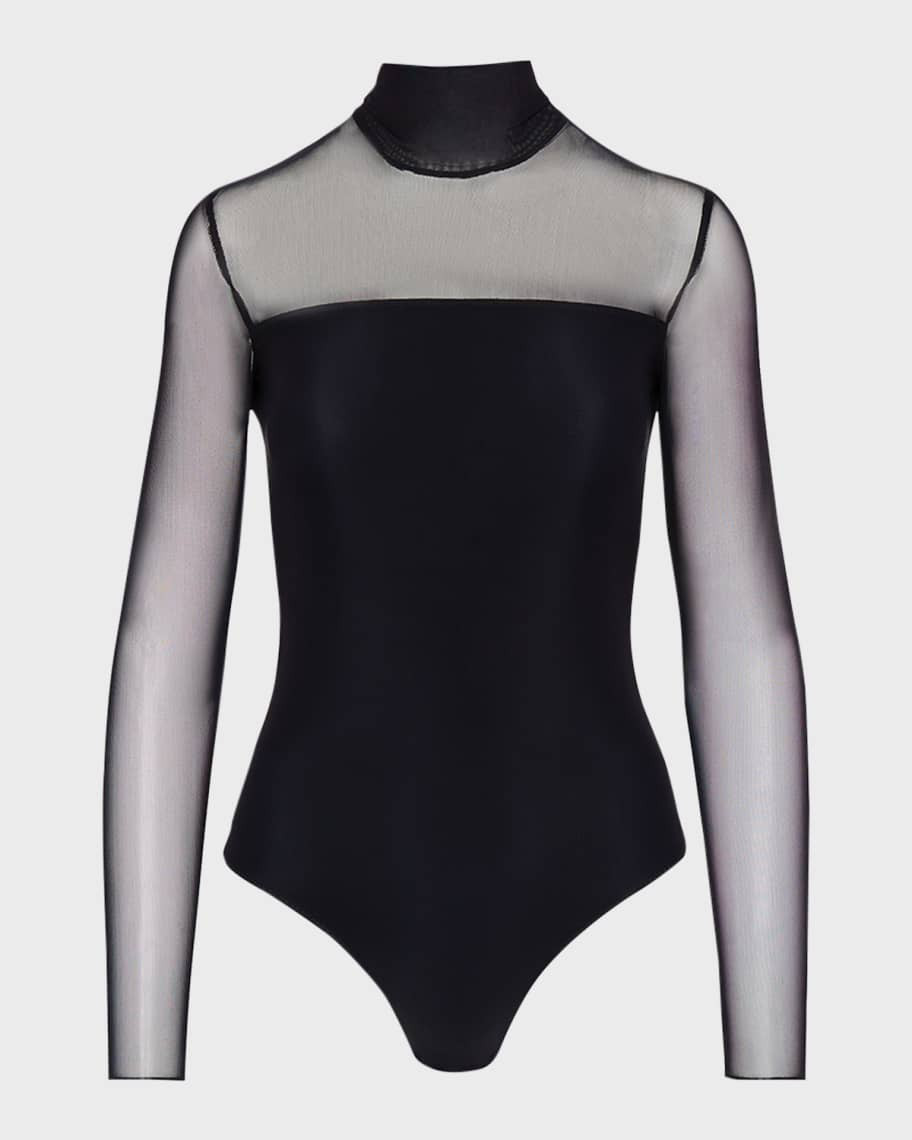 Mock-Neck Strapless Illusion Long-Sleeve Mesh Bodysuit | Neiman Marcus
