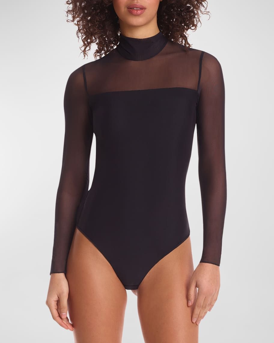 Mock-Neck Strapless Illusion Long-Sleeve Mesh Bodysuit | Neiman Marcus