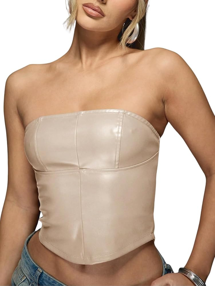 Verdusa Women's Leather Top Backless Tube Top Strapless Crop Corset Tops Going Out Outfits | Amazon (US)