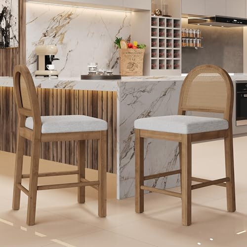 Merax Rustic Wood Bar Stools Set of 2 with Rattan Back & Upholstered Seat | Amazon (US)