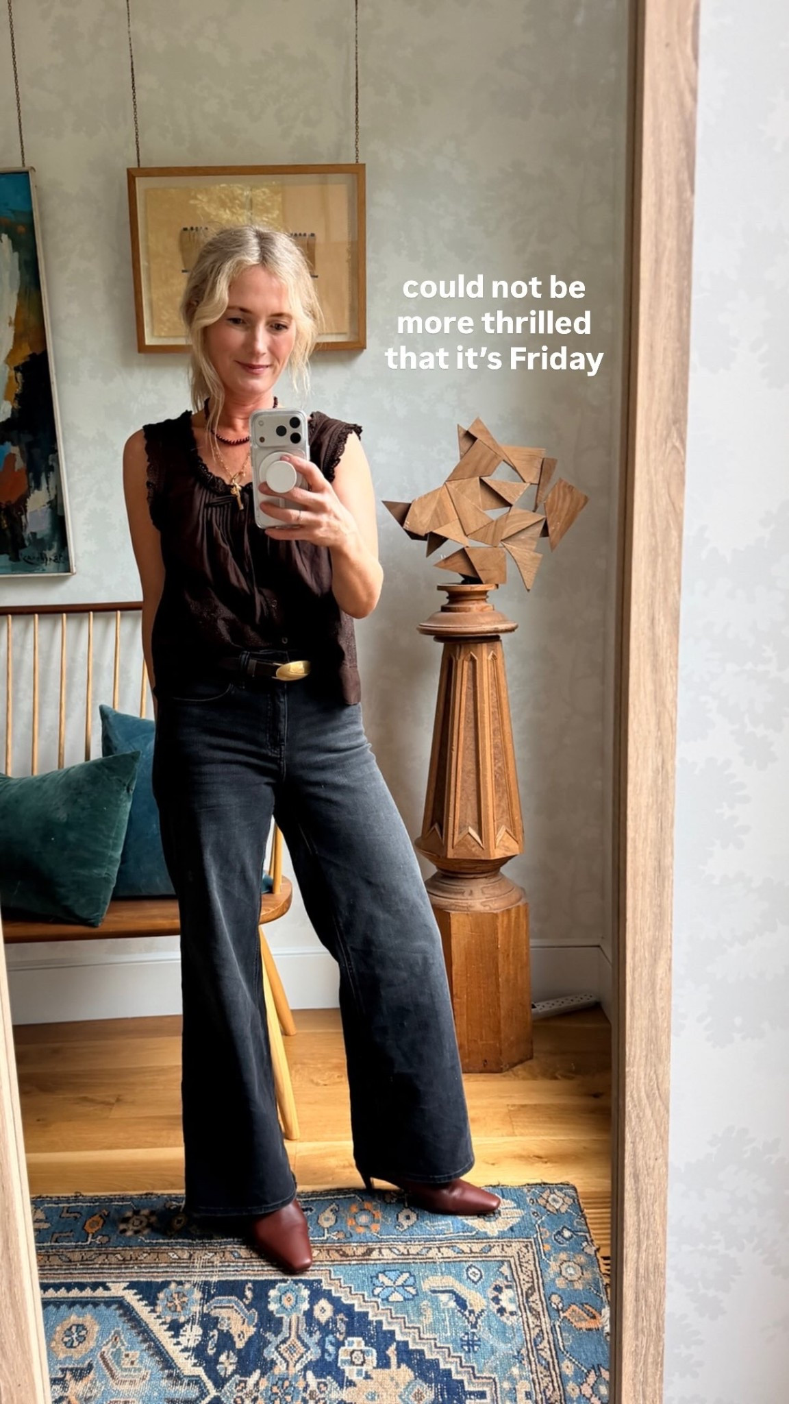 could not be more thrilled that it’s Friday

wearing an XS in the tank and a 26 in the jeans!