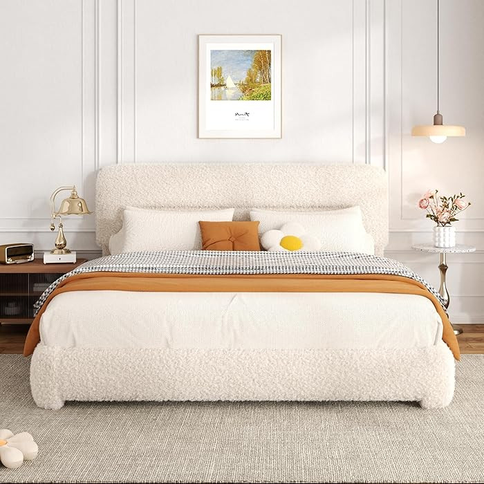 King Size Bed Frame, Boucle Upholstered Platform Bed Frame with Adjustable Headboard, Cloud Bed w... | Amazon (US)