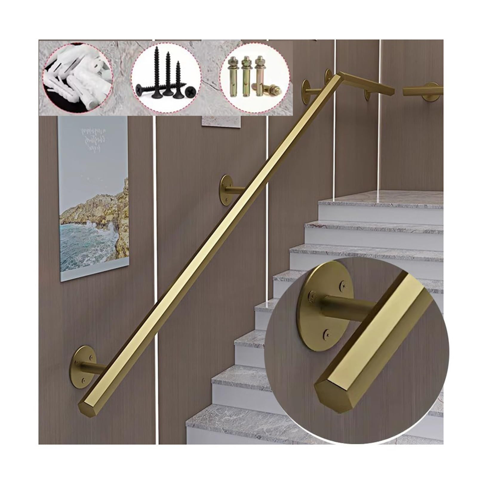 Staircase Handrails Stair Railing Outdoor Handicap Grab Bars Wear Resistant/Customizable Sizes for Stairs Steps,Metal Staircase Handrail，Outdoor Wall Mount Support (Color : Gold, Size : 15ft/460cm) | Amazon (US)