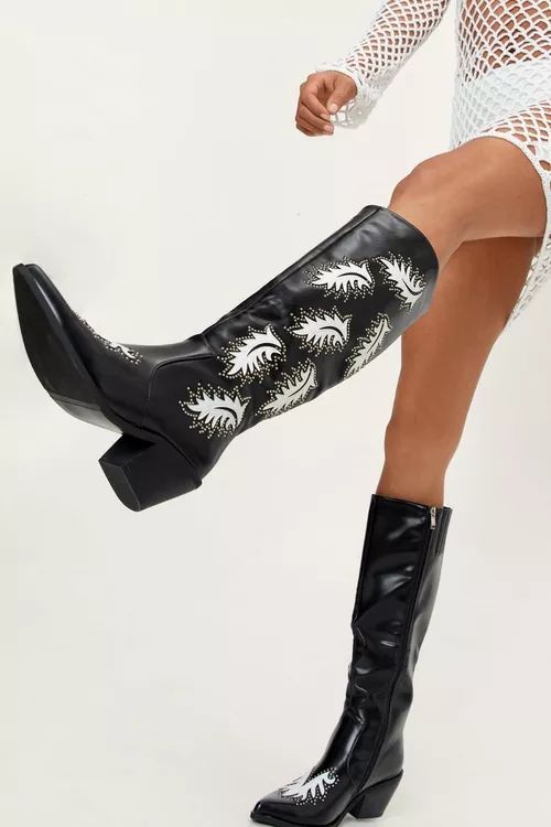 Faux Leather Leaf Studded Motif Cowboy Boots | Nasty Gal (US)