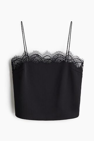 H & M - Lace-trimmed satin strappy top - Black | H&M (UK, MY, IN, SG, PH, TW, HK)