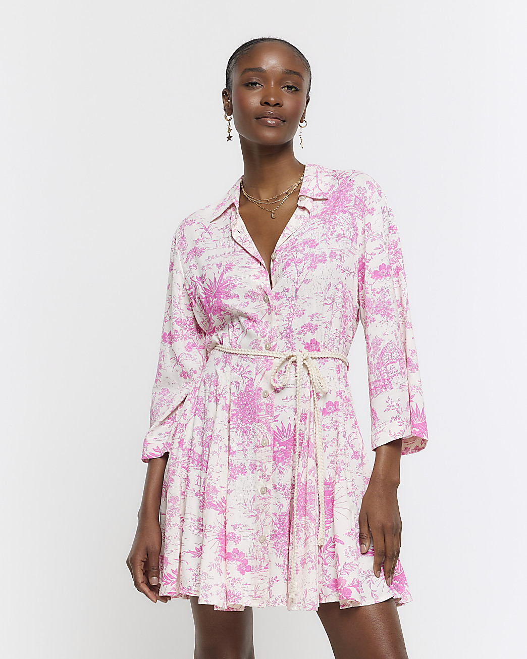 Pink floral belted mini shirt dress | River Island (UK & IE)