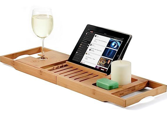 Bambusi Bathtub Caddy Tray - Bamboo Tub Tray with Extending Sides, Reading Rack, Tablet Holder, C... | Amazon (US)
