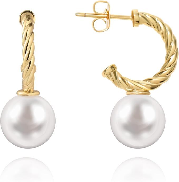 MESOVOR Pearl Drop Earrings for Women, 14K Gold Plated Twisted C Shape Dangle Earrings for Gift | Amazon (US)