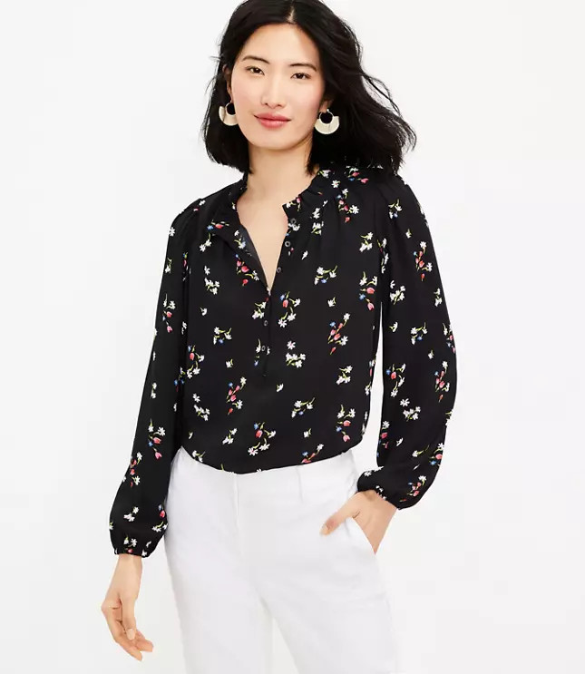 Floral Ruffle Mixed Media Blouse | LOFT | LOFT