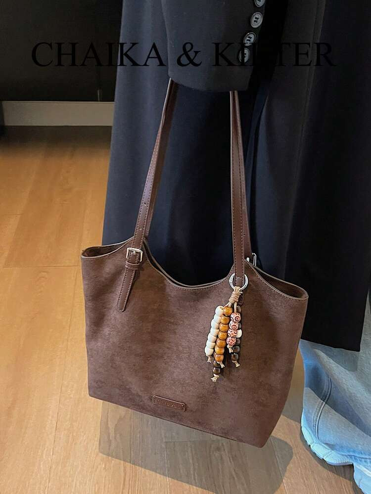 1pc Solid Color Suede Fabric Fashion Shoulder Bag, Casual Retro Handbag With Snap Closure And Zipper, Large Capacity Tote Bag Suitable For Travel, Shopping, Dating, Women's Gift, Suitable For Teenage Girls, College Students, And Office Workers, Great For Office, School, Work, Business, Commuting, Outdoor, Travel, Picnic (Sold With Pendant) | SHEIN