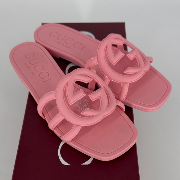 Gucci 34 Pink Interlocking GG Palma Rubber Logo Slide Pool Sandals Shoes E943 | Poshmark