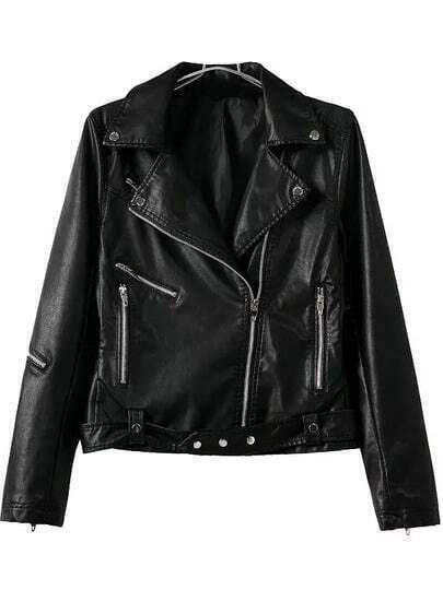 Black Lapel Oblique Zipper Crop PU Jacket | SHEIN