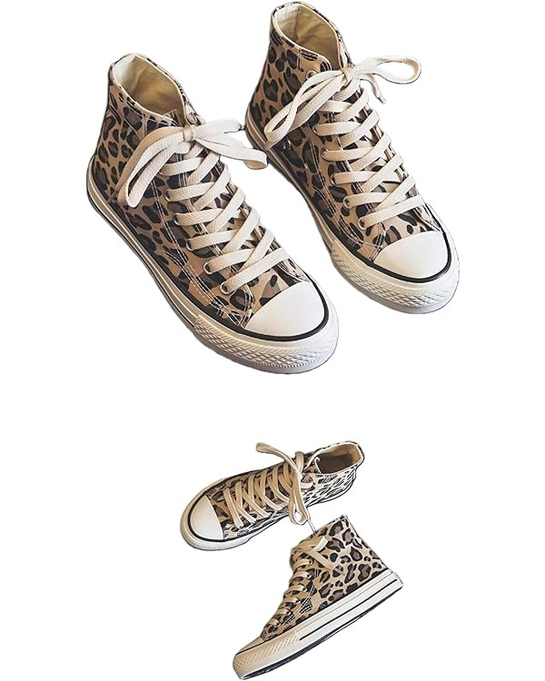 Women's High-top Canvas Sneakers - Leopard Print Upper- Protective Toe- Breathable Lining- Non-Sl... | Amazon (US)