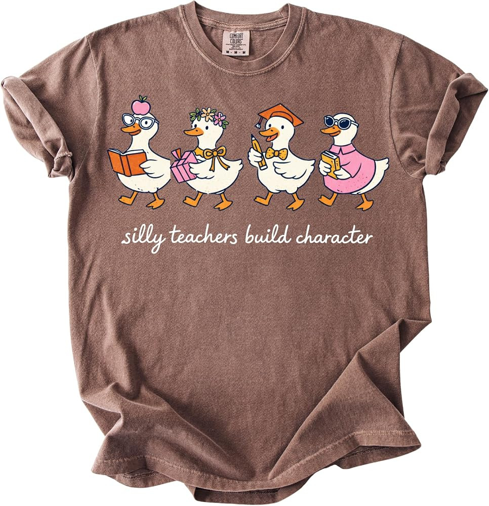 Silly Teachers Build Character T Shirt Cute Duck Teacher Graphic Tee Style Casual Gift | Amazon (US)
