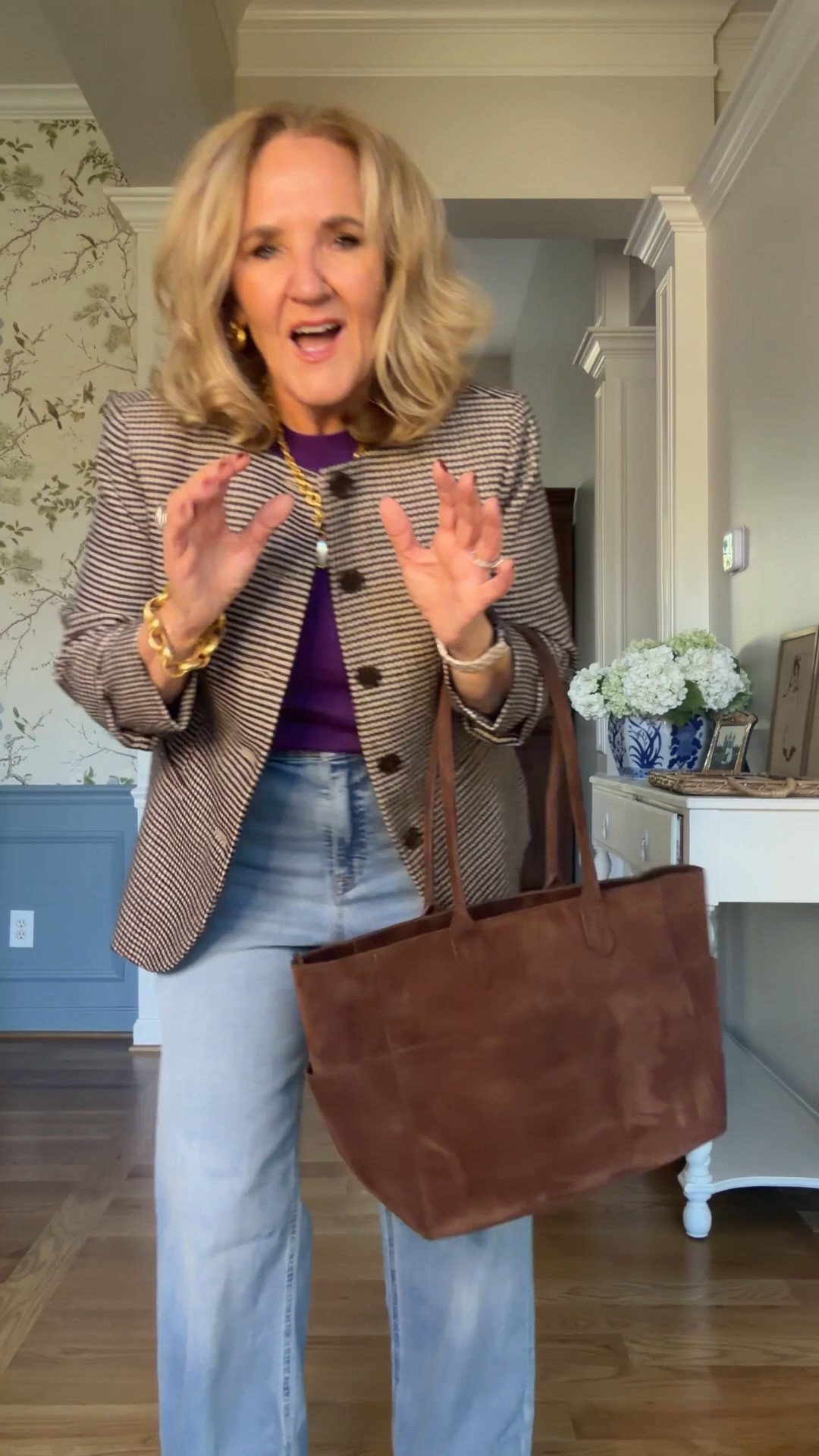 Purple sweater size medium
Collarless jacket, size 10, but I really could’ve used the 10 petite
Jeans size 29 regular I would recommend sizing down because they’re very stretchy
Boots I size up a half
Chocolate brown suede bag under $200 is incredible quality

#LTKOver40 #LTKSaleAlert #LTKootd