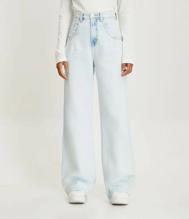 Calça Wide Leg Jeans Cintura Alta com Pence nos Bolsos Azul | Renner (BR)