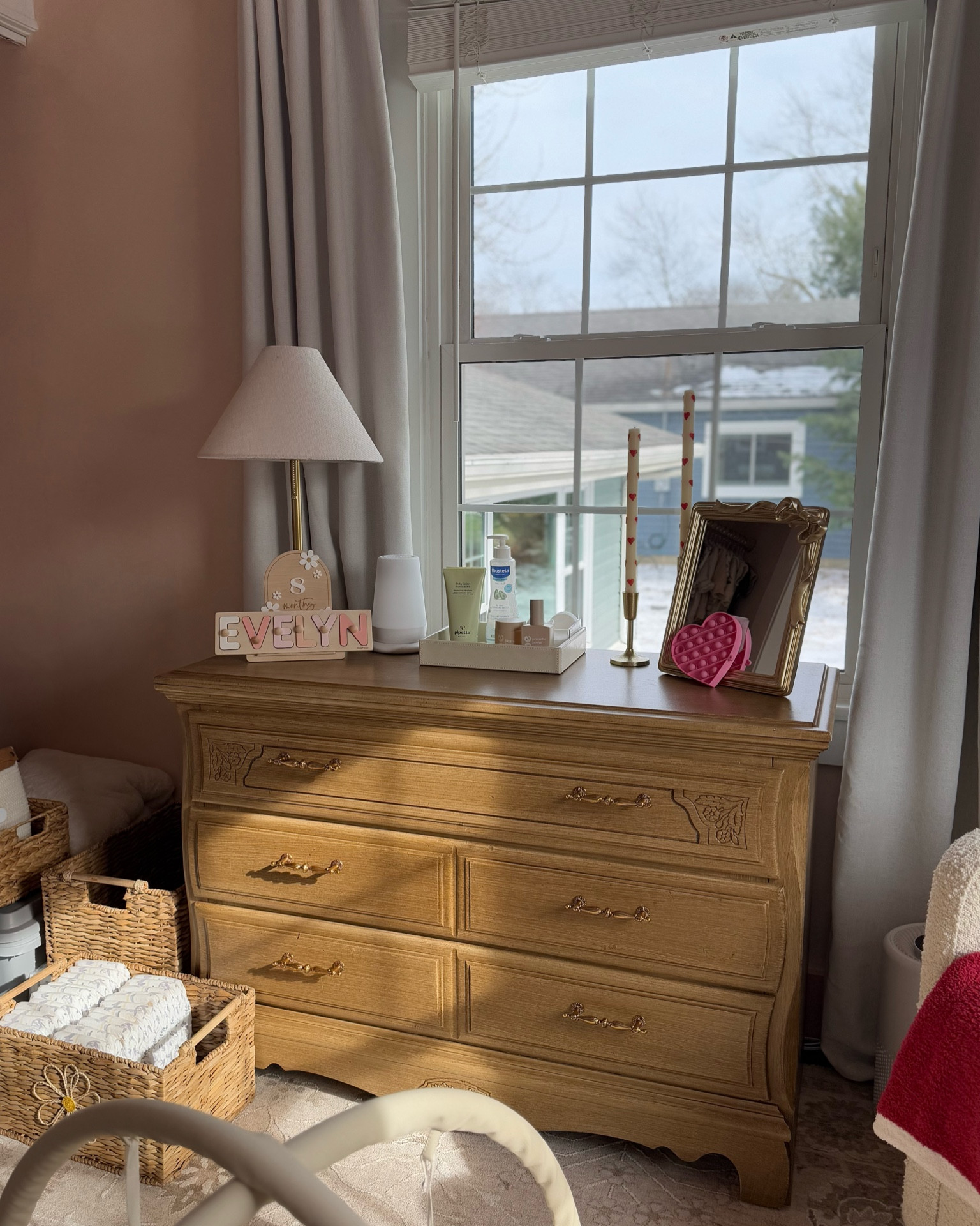 Our sweet girls dresser 🩷 We recently took down the changing pad since she’s rolling & added a couple new things! 🥰

Babygirls room, baby nursery, childhood dresser, 90s dresser, gold vintage pulls, name puzzle 

#LTKBaby #LTKFamily #LTKHome