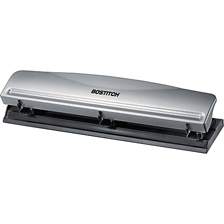 Bostitch® 12-Sheet 3-Hole Punch, 2-1/2"H x 10-5/8"W x 1-3/4"D, Silver/Black | Office Depot and OfficeMax 