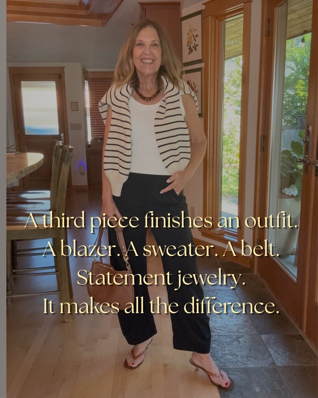 Ruti pants - a favorite of mine. Fits tts.  The third piece is a Sezane jumper- fits tts. Love these flip-flops and wear them with everything.

#LTKOver40 #LTKSeasonal #LTKPetite