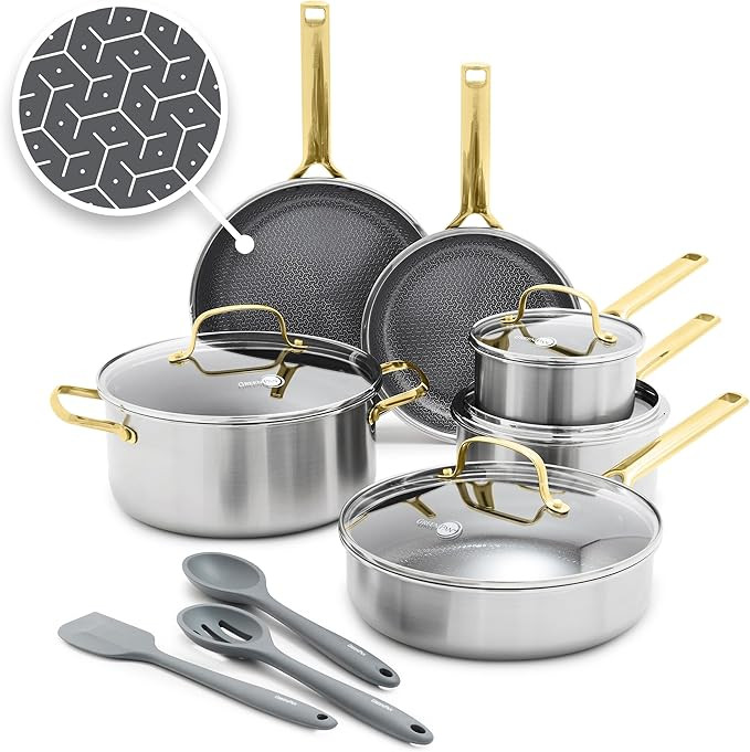 GreenPan Hybrid Nonstick 13 Piece Cookware Set, Stainless Steel Pots & Pans, PFAS-Free Ceramic, I... | Amazon (US)
