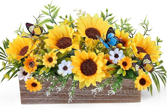 Summer Sunflower Table Centerpieces Rustic Artificial Floral Arrangements Wooden Crate, Rectangul... | Amazon (US)