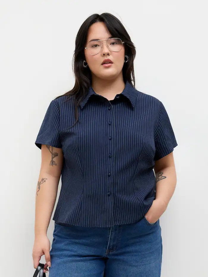 Woven Collar Stripe Short Sleeve Shirt Curve & Plus For Daily Casual | Cider