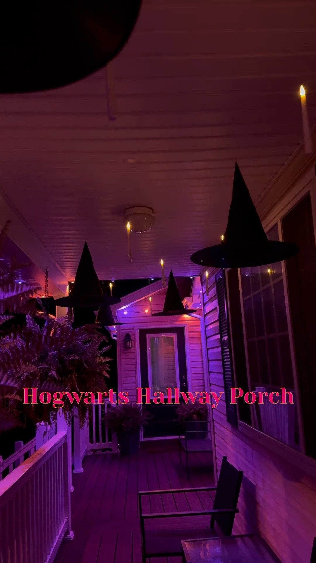 Hogwarts Hallway porch with floating lights and witch hats! This is SO easy and such a fun way to enhance your front exterior this fall/halloween! 

#LTKHalloween #LTKSeasonal #LTKHome