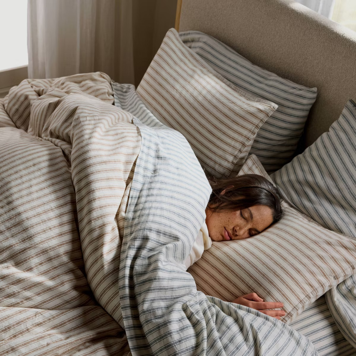 Full/Queen Relaxed Linen Stripe Duvet Cover & Sham Set Pecan & Parchment - Parachute for Target | Target