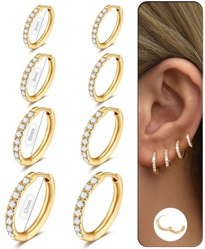 4 Pairs Gold CZ Huggie Earrings Set for Women, Stainless Steel Hoop Earrings 6mm 8mm 10mm 12mm, 2mm Thick Profile Hinged Cartilage Helix Lobe Ear Stack Jewelry | Amazon (US)
