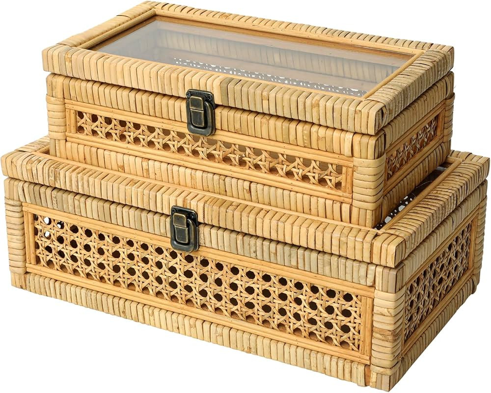 DECOR4SEASON Woven Cane and Rattan Decorative Rectangular Storage Organizer Basket Bin Boxes with... | Amazon (US)