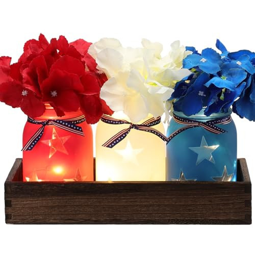 Domensi 4th of July Patriotic Table Decoration Set Rustic Wood Tray with 3 Pcs Mason Jar Centerpieces with String Lights 3 Pcs Artificial Colorful Flower for Independence Day Centerpiece Labor Day | Amazon (US)