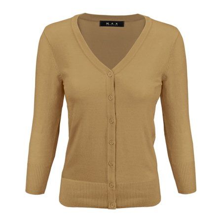 YEMAK Women's 3/4 Sleeve V-Neck Button Down Knit Cardigan Sweater CO078-TAN-M | Walmart (US)