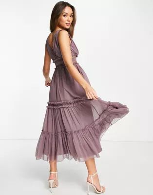 ASOS DESIGN lace insert midi dress with ruffle detail in mauve | ASOS (Global)