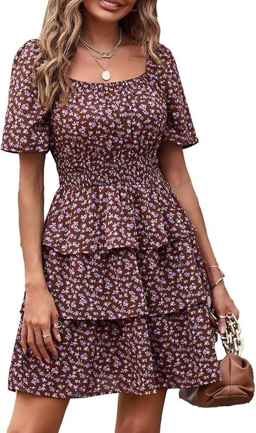 PRETTYGARDEN Women's Floral Summer Short Dress Square Neck Short Sleeve Tiered Ruffle Boho Swing ... | Amazon (US)