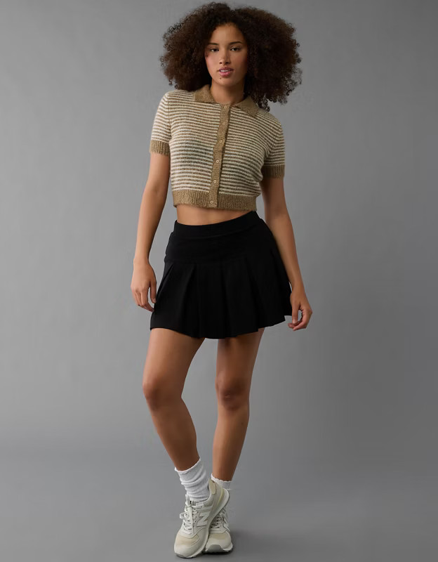 AE Striped Button-Up Cropped Sweater Polo Shirt | American Eagle Outfitters (US & CA)