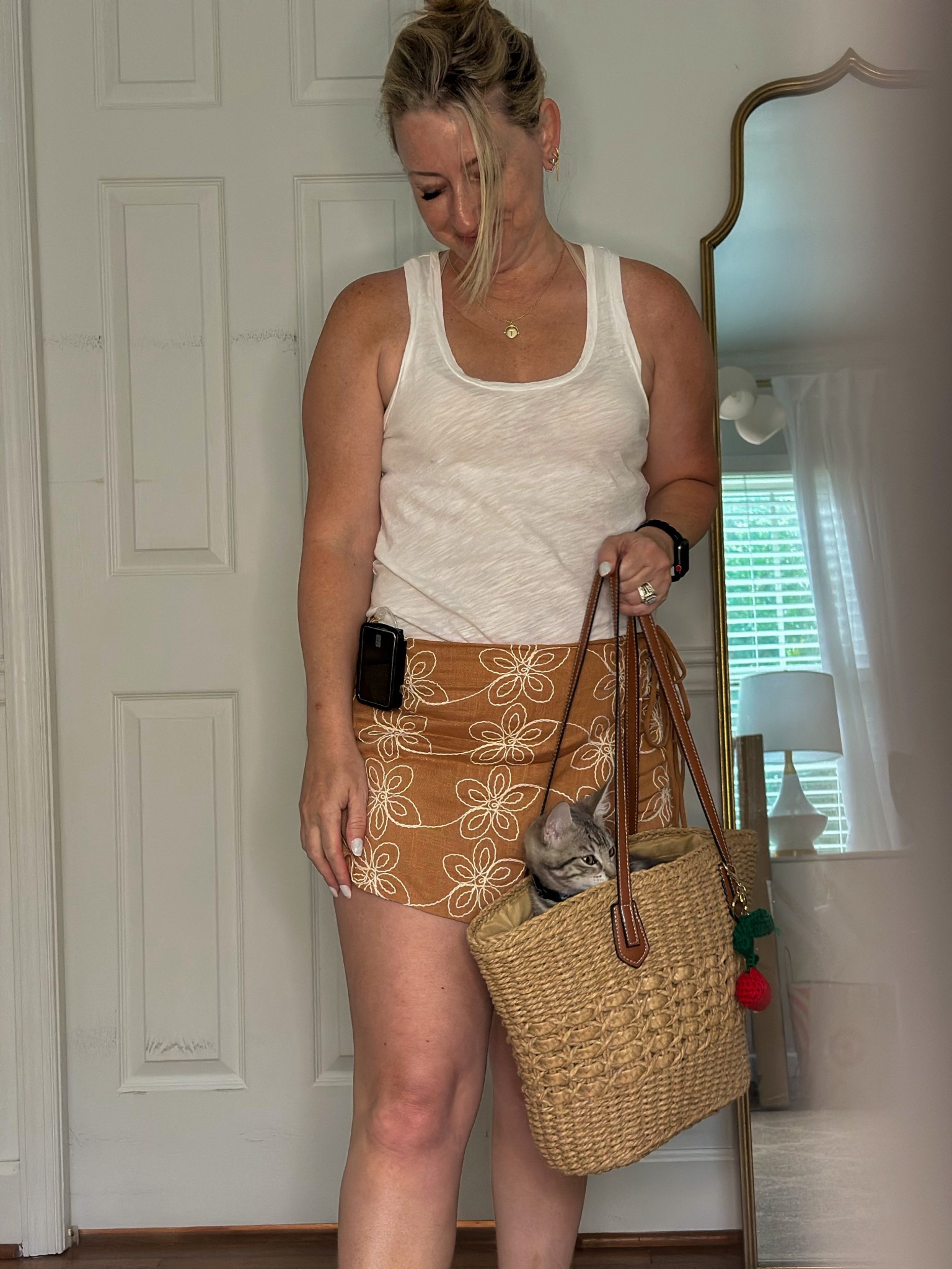 Steamy summer days call for easy outfits, top buns, and maybe a kitten in your tote 😽☀️⛈️
Wore this on a day that brought sunshine and storms—because why pick one?
Skirt: actually a skort Vici
Tank: made well
Tote: Vici (kitten not included 😉)

My Vici code is Trilbysave30

#OOTD #PetiteStyle #SummerStormStyle
#LTKSummerStyle #RealOutfitRealLife #MomStyle #SummerOOTD #TargetStyle #PetiteFashion #LTKPetite #CasualChic #EasyOutfitIdeas #StyleOver40 #Type1DiabeticStyle #MarylandInfluencer #CoastalChicStyle #StyledOnTheShore #ChesapeakeLifestyle #SummerWardrobe #WhatIWoreToday #MyStyleDiaries #WeekendLook #PetiteLooks #BreezyStyle #StrawBagSeason #SummerOutfitInspo #SteamyWeatherStyle #CatInATote

#LTKOver40 #LTKPetite #LTKMidsize